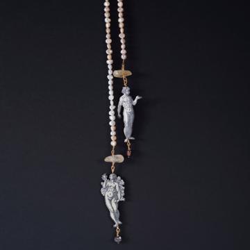 Lariat Adam et Ève en découpage et perles, blanc [1]