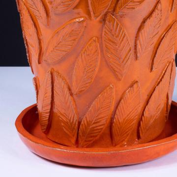 Grand pot de fleur Feuillage en faïence façonnée, orange vif [3]