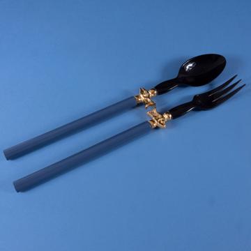 Service à Salade motif Poisson en bois et corne, bleu france, virole or [1]