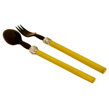 Service à Salade motif Noix en bois et corne, jaune orange, virole arg [3]