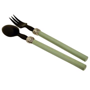 Service à Salade motif Noix en bois et corne, vert menthe, virole arg [3]