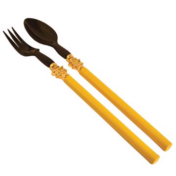 Service à Salade motif Soleil en bois et corne, jaune, virole or [3]