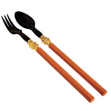Service à Salade motif Soleil en bois et corne, orange vif, virole or [3]