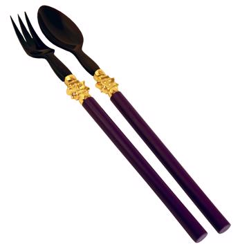 Service à Salade motif Soleil en bois et corne, violet, virole or