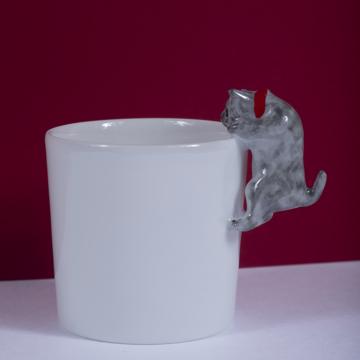 Tasse Chat en porcelaine de Limoges, gris clair, moka [1]