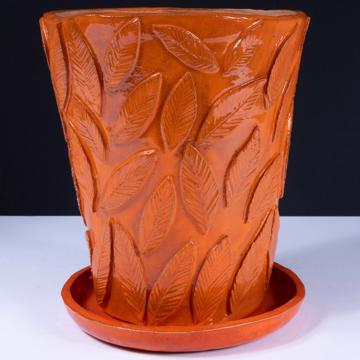 Grand pot de fleur Feuillage en faïence façonnée, orange vif [1]
