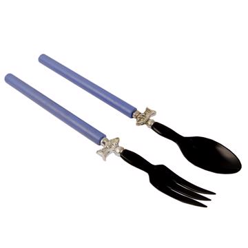 Service à Salade motif Poisson en bois et corne, violet bleu , virole arg [3]