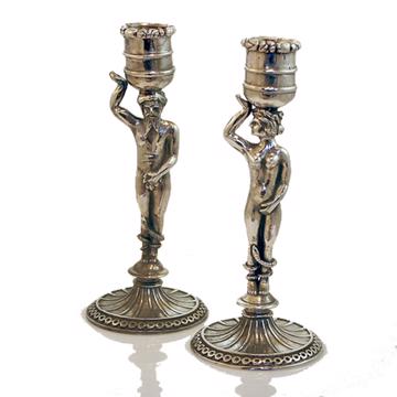 Adam and Eve candlestick in silver or gold plated metal, silver