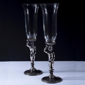 Adam and Eve champagne glasses set in crystal and silver plated