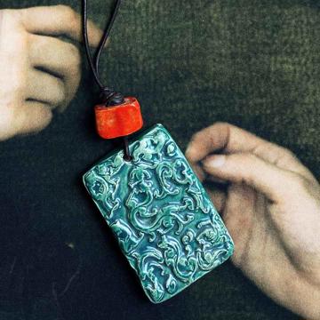 Macao Pendent in earthenware and leather, duck blue [2]