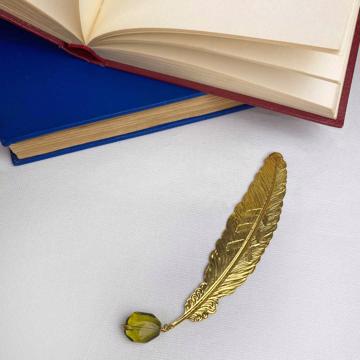 Feather book mark with cristal, gold, green cristal [2]