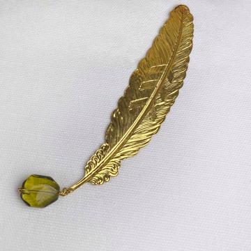 Feather book mark with cristal, gold, green cristal [4]