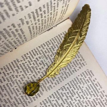 Feather book mark with cristal, gold, green cristal [5]