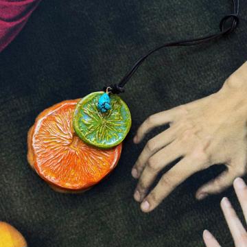 Orange Pendent in earthenware and leather, multicolor [2]