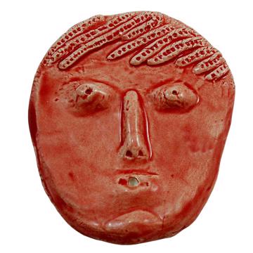 Face incense base in earthenware, red orange