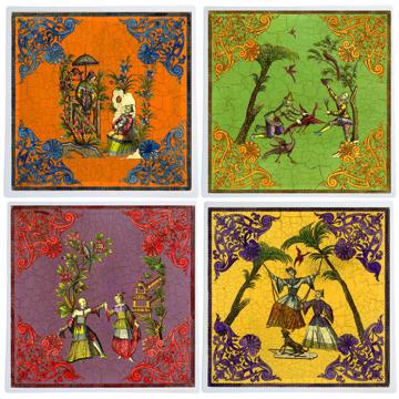 Chinoiseries, Chromo placemats in laminated paper, multicolor, complet collection [1]