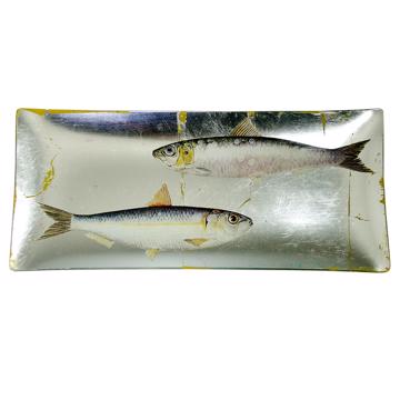 Fish Sushi plate dish in decoupage under glass, silver, fish 6