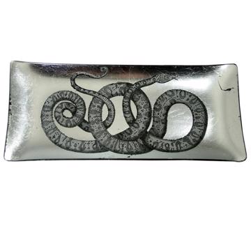 Snake dish in decoupage under glass, silver