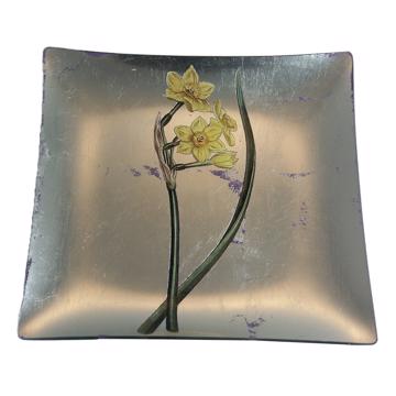 Daffodil table plate in decoupage under glass, silver, daffodil 5