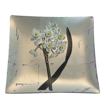 Daffodil table plate in decoupage under glass, silver, daffodil 6