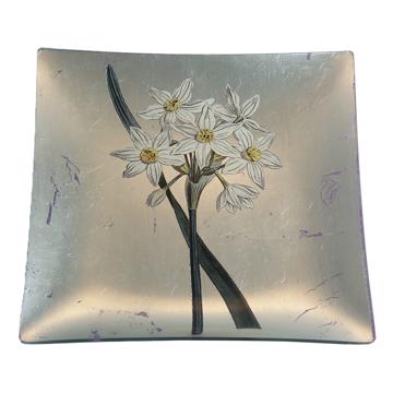 Daffodil table plate in decoupage under glass, silver, daffodil 7
