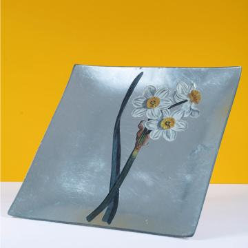 Daffodil table plate in decoupage under glass, silver, daffodil 1 [1]