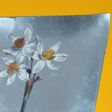 Daffodil table plate in decoupage under glass, silver, daffodil 2 [2]