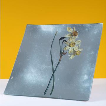 Daffodil table plate in decoupage under glass, silver, daffodil 3 [1]