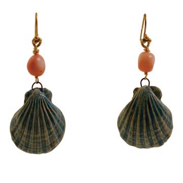 Shell Earrings in earthenware and coral, turquoise, pierced ear [4]