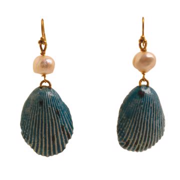 Shell Earrings in earthenware and pearl, turquoise, pierced ear [5]