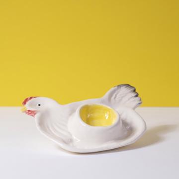 Coquetier Poule et Coq en faïence, blanc, poule [1]