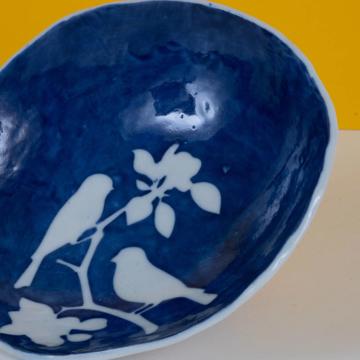 Stencil cup in stamped porcelain , dark blue, bird [2]