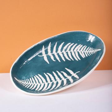 Fern dish in stamped earthenware, duck blue, oval [1]