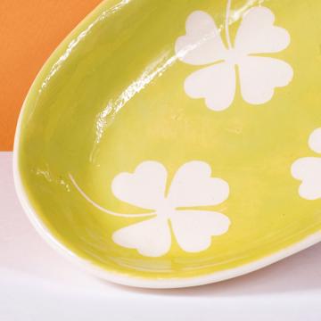 Cover dish in stamped earthenware, apple green, oval [2]