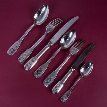 Silver plated Passementerie cutlery, silver, set of 7 [1]