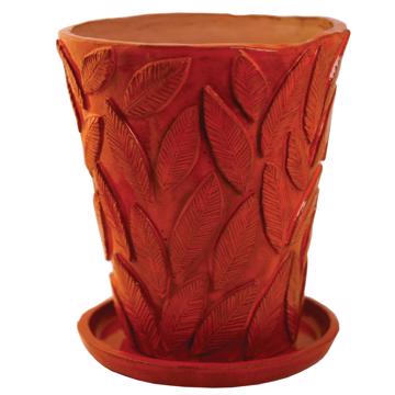 Leaf flower pot in shaped earthenware, strong orange