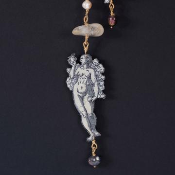 Adam and Eve necklace in decoupage and pearls, white [2]