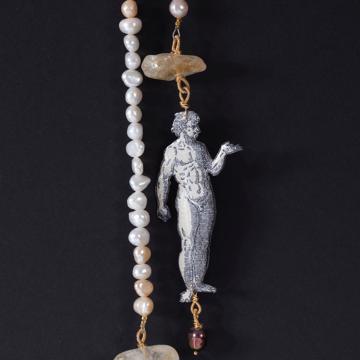 Adam and Eve necklace in decoupage and pearls, white [3]