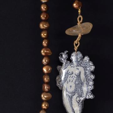 Adam and Eve necklace in decoupage and pearls, bronze [3]