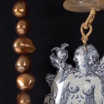 Adam and Eve necklace in decoupage and pearls, bronze [4]