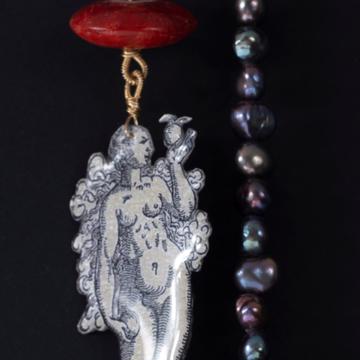 Adam and Eve necklace in decoupage and pearls, black [6]