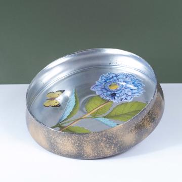 Flower dish in decoupage under glass, light blue