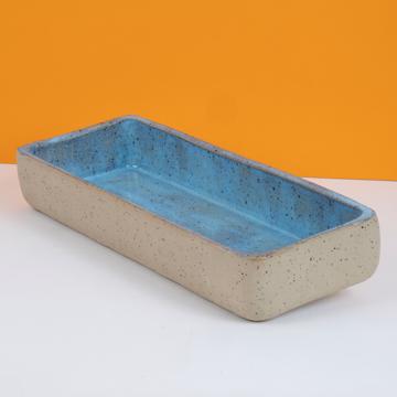 Mama oven dish in shaped stoneware, sky blue, elongated rectangle [1]