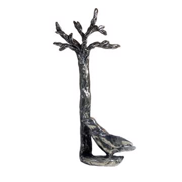 Poignée de porte Oiseau dans l'arbre en métal patiné, argent, droite