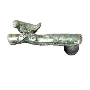 Bird on Branch Handle in casted metal, silver, left