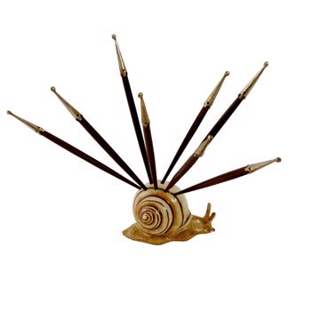 Snail pick holder in porcelain, beige, ebony and silver