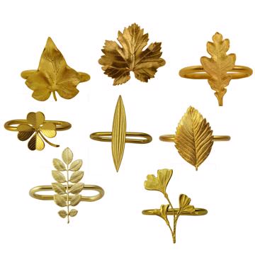 Leaves napkin rings in plated copper, mat gold, complet collection