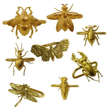 Ronds de Serviette Insectes en cuivre estampé, or mat, collection complète