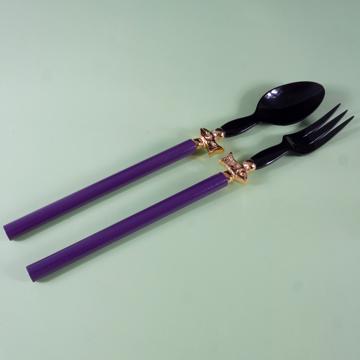 Salad Set Fish design in wood and horn, purple, gold ring [1]