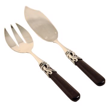 Saba fish serving set in wood and silver